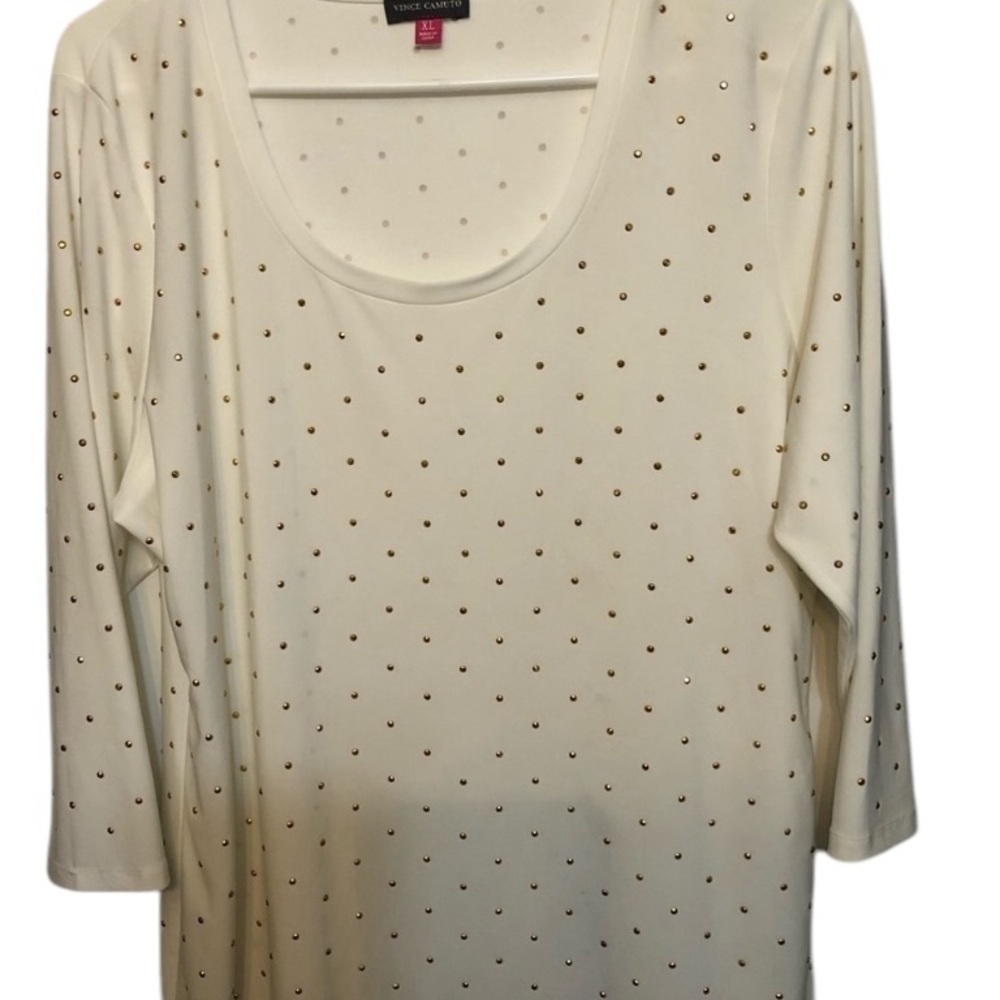 Vince Camuto white long sleeve gold studded scoop neck top Size XL